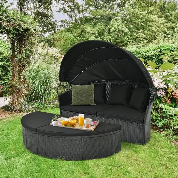 Lit de repos rond pour patio extérieur avec auvent rétractable, sièges sectionnels pour meubles en o