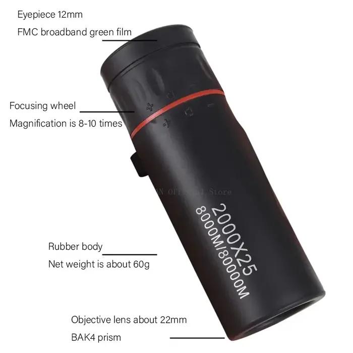 Monoculaire HD 2000x25 Mini Portable avec Support Téléphone pour Camping Extérieur Chasse Observation Ornithologique