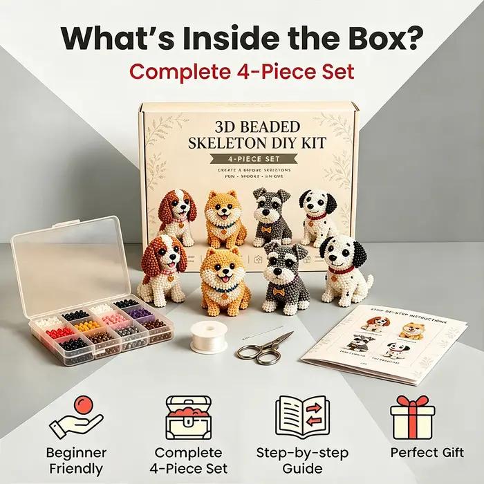 Kit DIY de perles 3D pour chien, ensemble de 4 chiots mignons à réaliser soi-même, fournitures et instructions complètes, cadeau de décoration artisanale relaxant