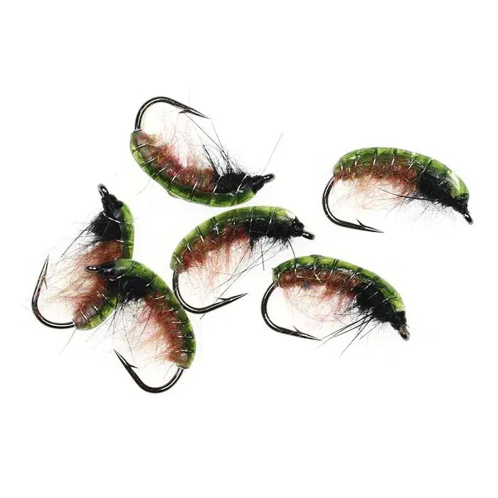 ICERIO 6 pièces UV vert dos nymphe Scud Bug ver mouches avec crochet barbelé pêche à la truite mouch
