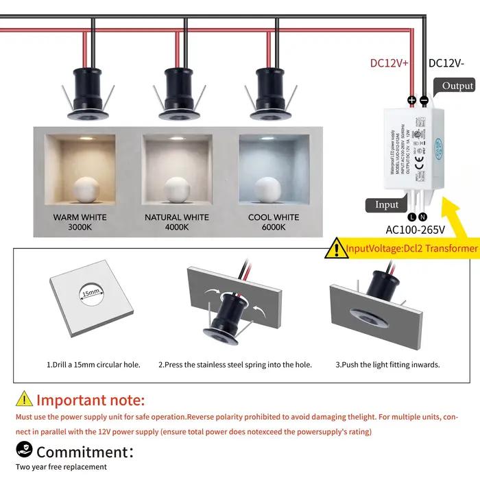 Mini Downlight LED 12V 1W Encastré Petit Spot Plafond Cuisine Chambre Escalier NikLed Projecteur avec AC110-220V aved