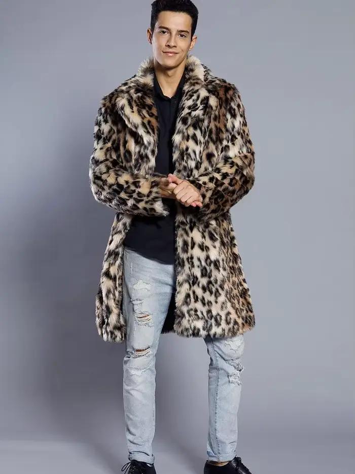 Manteau long en fausse fourrure pour homme, col large, motif léopard, épais, collection automne-hiver 2022