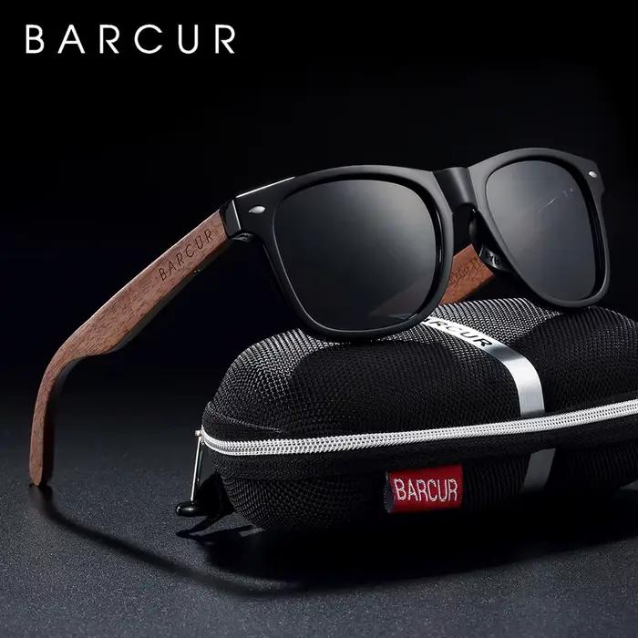 BARCUR-Lunettes de soleil polarisées carrées en bois pour homme, accessoire de haute qualité, boîte