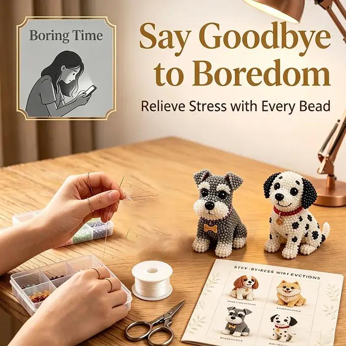 Kit DIY de perles 3D pour chien, ensemble de 4 chiots mignons à réaliser soi-même, fournitures et instructions complètes, cadeau de décoration artisanale relaxant
