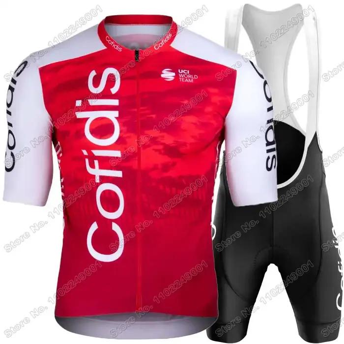 Maillot de cyclisme equipe cofidis 2024 tenue kit manches courtes homme polyester lycra cuissard bretelles occasion sport compétition marathon randonnée