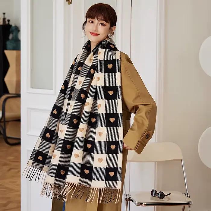 1 écharpe à motifs de cœur pour femmes, écharpe confortable à carreaux pour femmes, écharpe châle ép