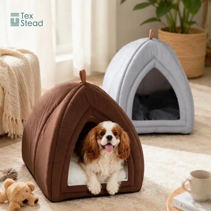 Niche pliable pour chat en velours givré avec coussin lavable, lit pour animaux de compagnie ultra doux et confortable semi-fermé pour chatons et petits chiens. !