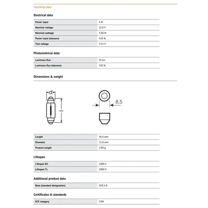 OSRAM Original C5W 36mm lampes feston lampe de lecture plaque lumineuse Standard voiture intérieur a