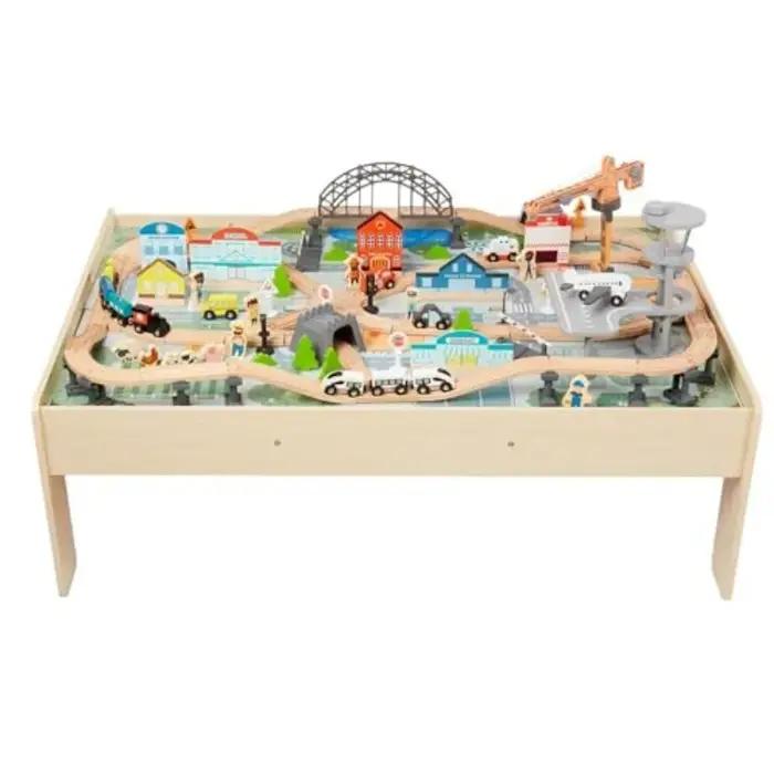 Amazon Basics Ensemble de train en bois de 120 pièces avec table d'activité Pistes robustes Poubelle