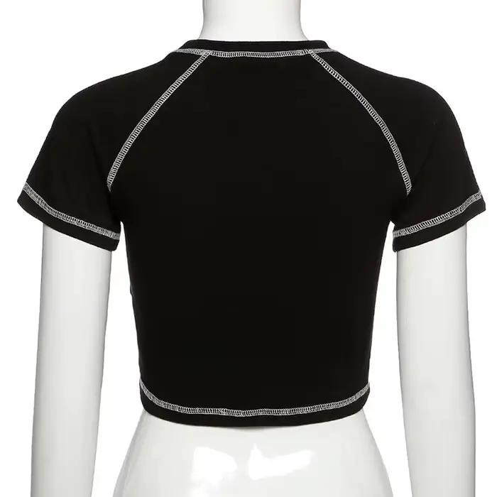 Vêtements graphiques vintage amusants pour filles, haut court noir, imprimé tête de mort mince, Swee