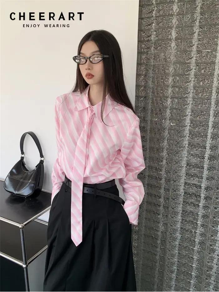 CHEERART Rose Rayé Chemise Avec Cravate Bureau Tenues Femmes T-shirt À Manches Longues Et Chemisier