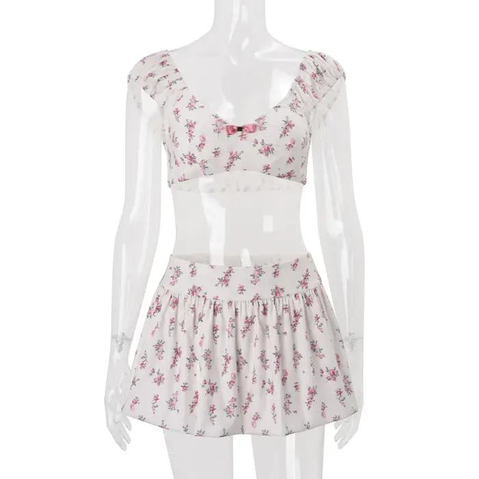 Vêtements européens et américains, nouvelle mode printemps 2026, ensemble haut court floral et jupe trapèze pour femme tendance
