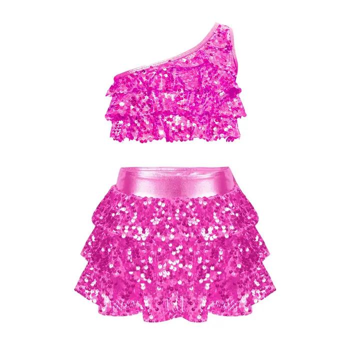 Ensemble haut court et jupe pailleté pour filles style streetwear moderne et élégant pour occasions spéciales