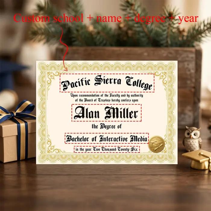 6 cartes de diplôme personnalisées, nom, établissement scolaire, diplôme et année personnalisés, faux diplôme de remise de diplôme, pour accessoire photo de fête ou carte postale