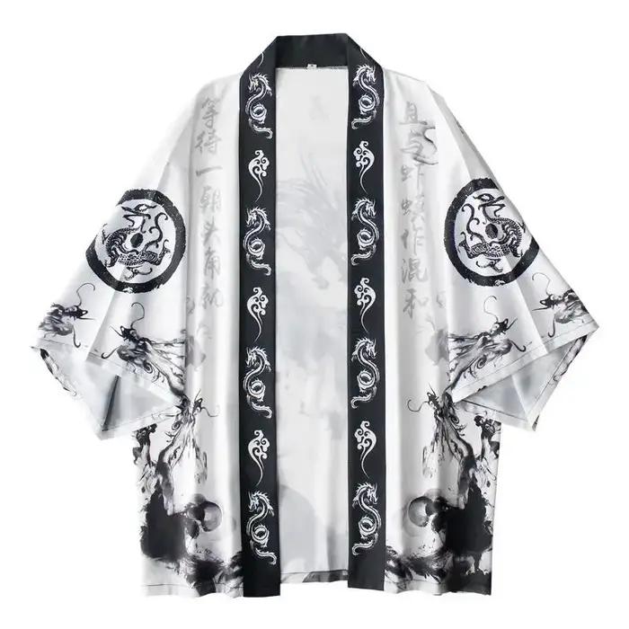 Chemise homme kimono traditionnel japonais imprimé dragon à l'encre coupe ample et confortable été décontracté