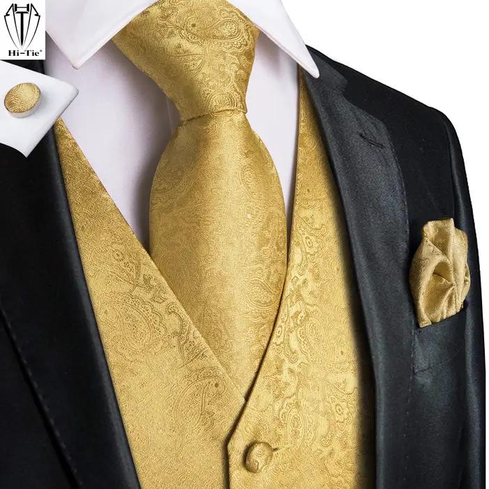 Gilet de Costume Homme Luxe Doré Rouge Bleu Vert Jaune avec Cravate Nœud Papillon Pochette Boutons d