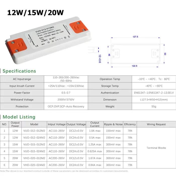 Pilote LED Ultra fin 6W 12W 15W 20W 30W 50W 60W, 110V 220V à DC12V 24V, alimentation électrique, ada