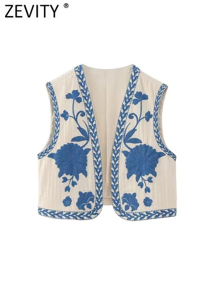 Zevity-Veste Brodée Florale Courte pour Femme, Gilet Décontracté, Style National, Fibre Position, Da
