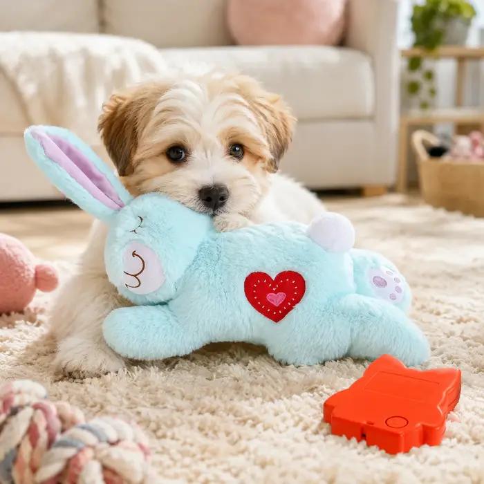 Jouet sonore de battement de cœur de chien pour soulager l'anxiété des chiots, jouet apaisant en peluche lapin, oreiller doux et confortable pour l'entraînement en cage des chiots de petite taille.