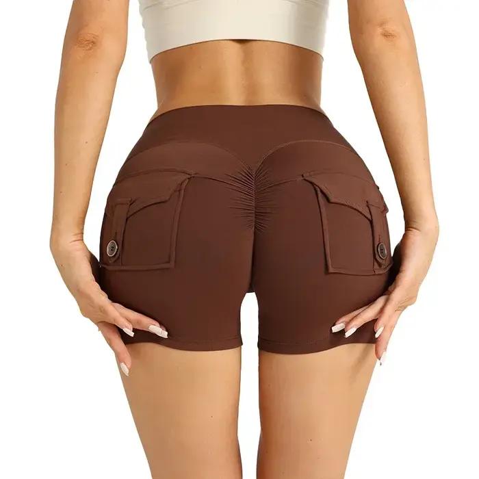 Short de Sport couleur chair, taille haute, fesses pêche, avec poche, Leggings de Yoga, séchage rapi