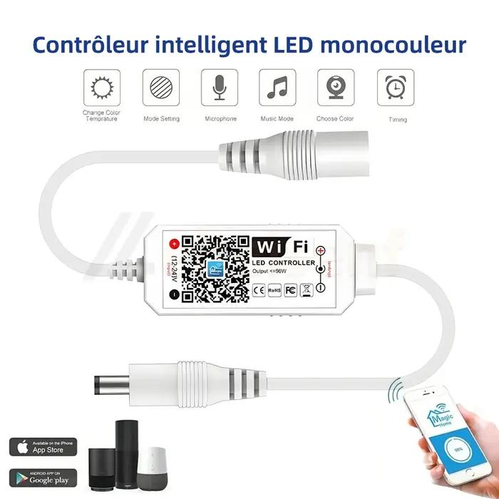 Contrôleur LED de bande de lumière WiFi Magic Home 12V 24V avec contrôle par application et voix pour les lumières monoc