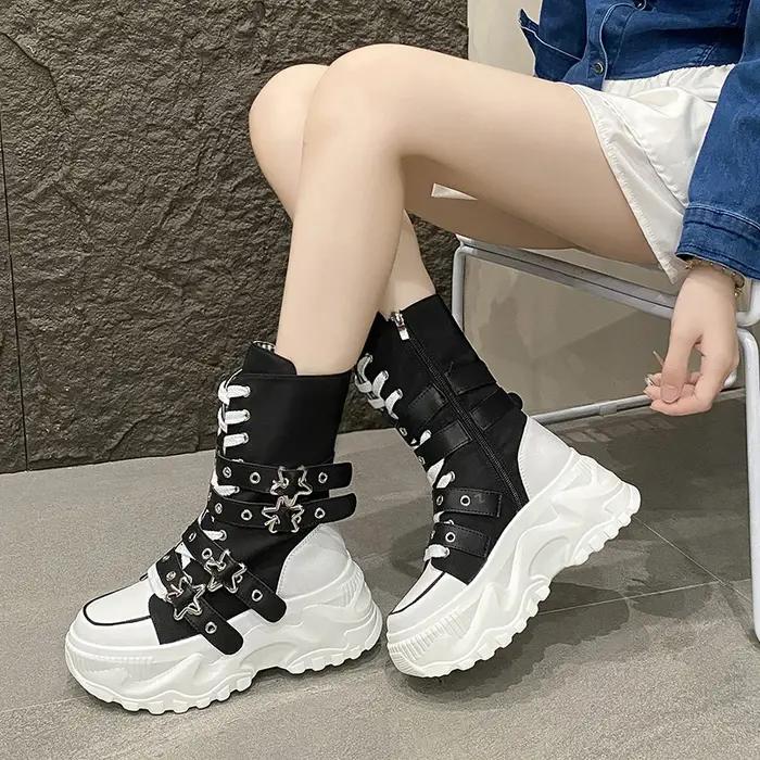 Bottes à plateforme pour femmes, nouvelles bottes locomotive à boucle de ceinture à tête ronde, bottes européennes et américaines à semelles épaisses pour femmes, Botas Mujer