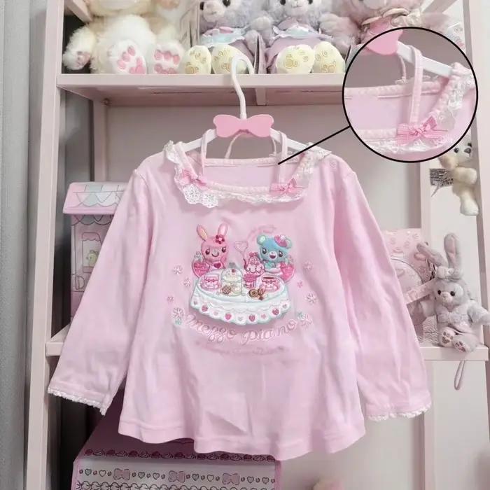 Japonais Kawaii dessin animé graphique imprimé T-shirts femmes rose doux dentelle couture hauts sous-culture Harajuku T