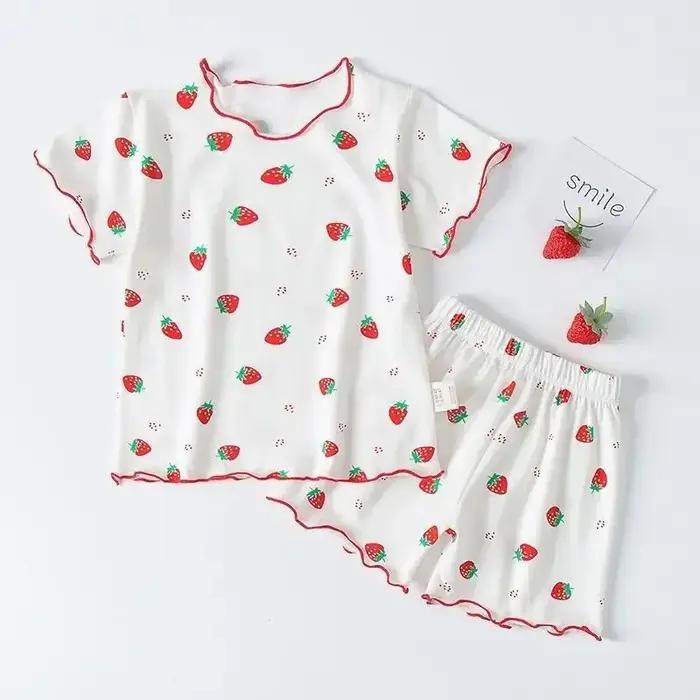 Ensemble pyjama d'été pour filles, imprimé fraises, short et t-shirt pêches roses, vêtements d'intér