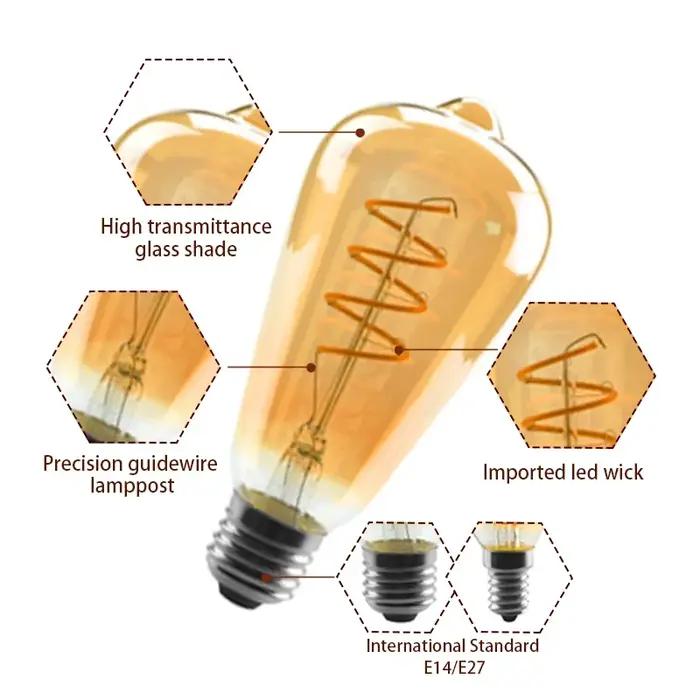 Ampoule LED à filament en spirale rétro A60 C35 ST64 T45 G80 G95 G125 T1225 4W E27 220V Dimmable Lam