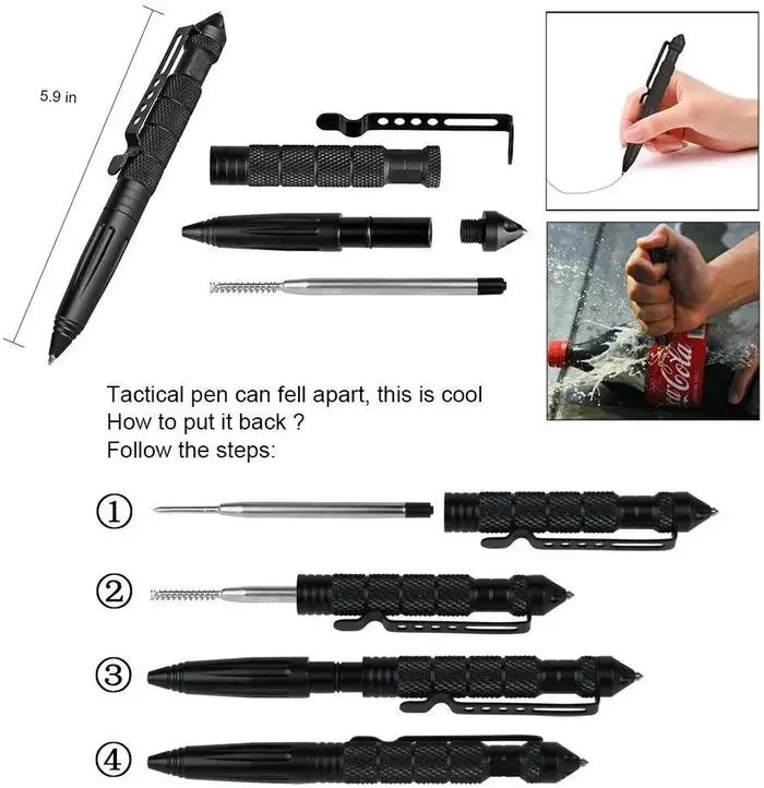 Stylo de défense tactique avec tête en acier tungstène, outil multifonction pour briser les vitres, pour la défense personnelle en extérieur et la signature