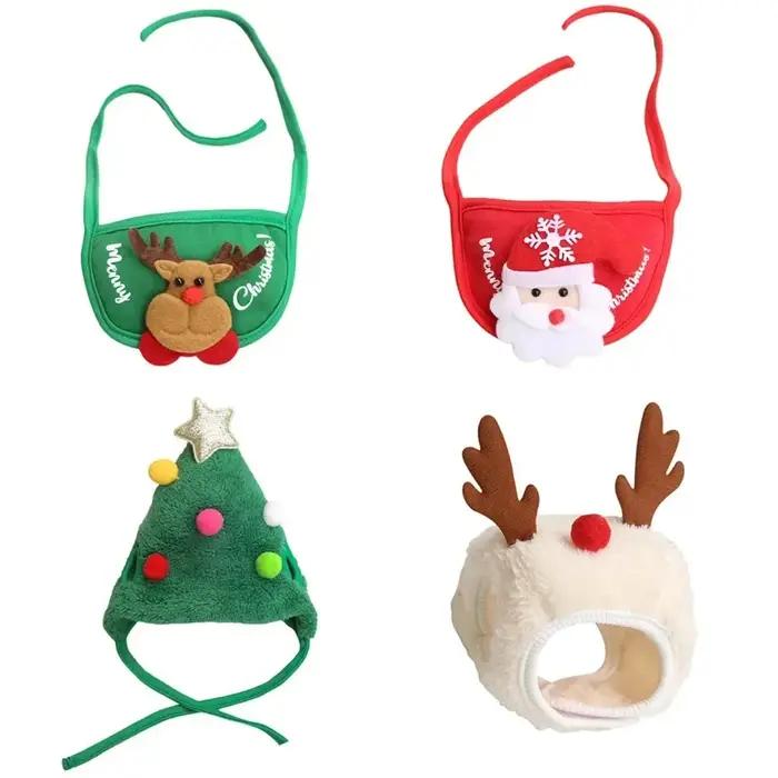 Costume de Noël pour chat chapeau de Père Noël élan avec bandana ensemble écharpe accessoires pour chat fournitures de déguisement de vacances pour animaux de compagnie