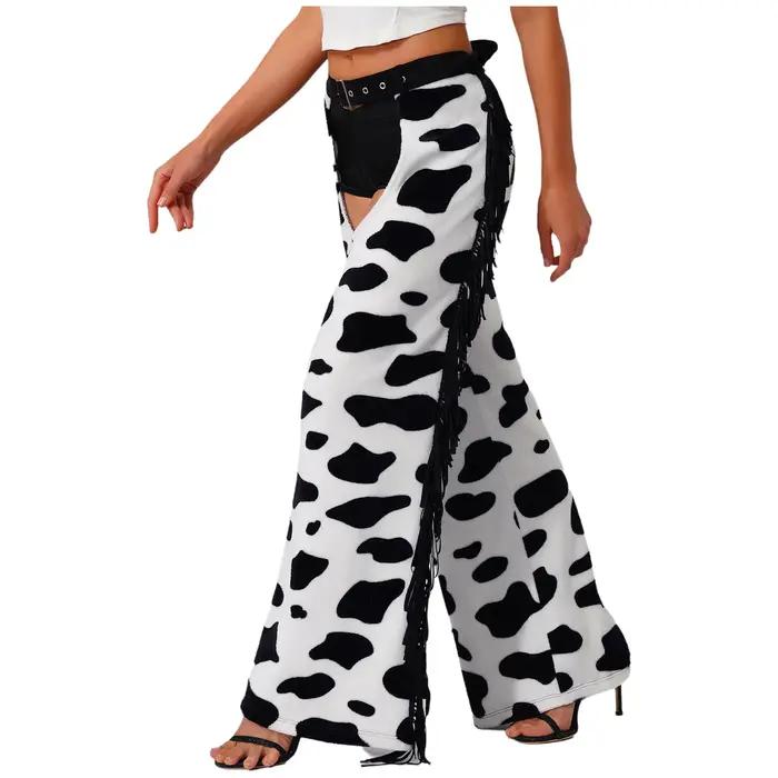 Pantalon de Cowboy pour hommes et femmes, Cosplay, imprimé vache, pompon, flanelle, entrejambe ouvert, Chaps, Costume de fête pour Halloween, Club Raves