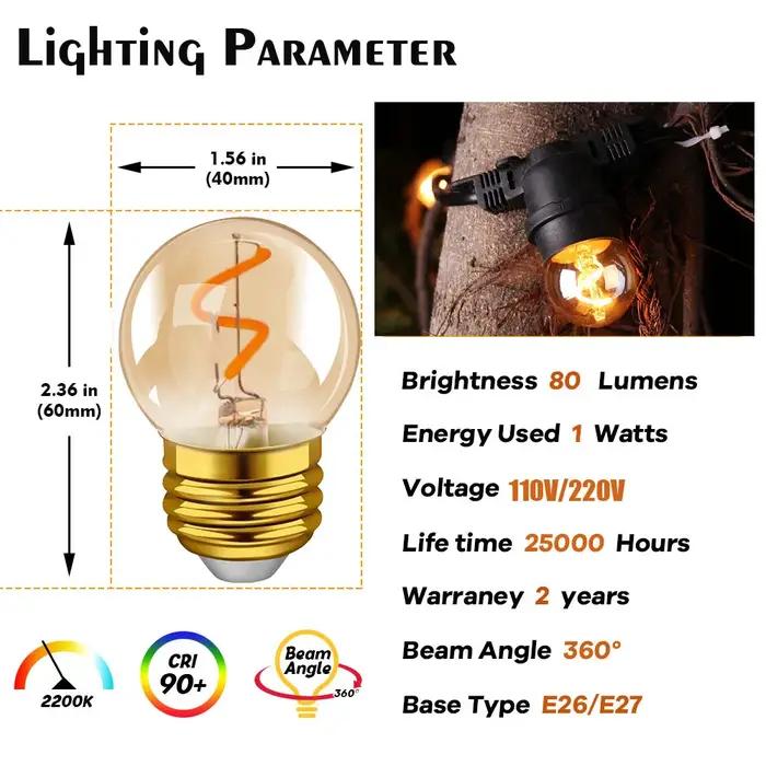 Ampoule LED G40 à filament en spirale doré 1W (équivalent 10W) Lampe LED à économie d'énergie Verre