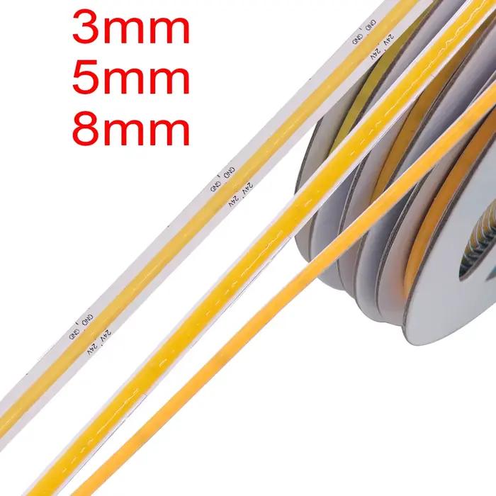 Bande lumineuse LED COB Ultra fine, 3mm, 5mm, 12V, 24V, 8MM, avec prise DC/2 broches, éclairage liné