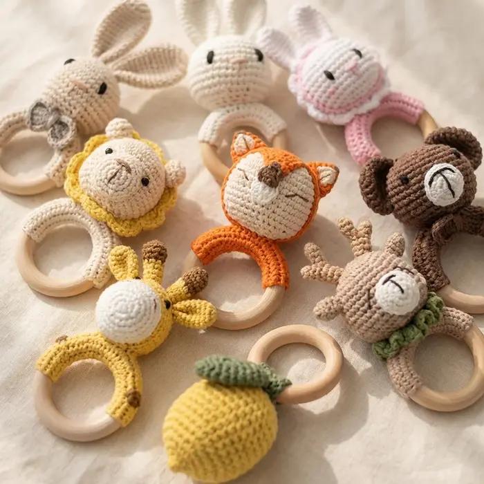 Hochet musical en bois pour bébé, anneau de dentition, hochets musicaux en crochet en forme de lapin, bracelet apaisant, jouets pour tout-petits, cadeaux de dentition pour bébé