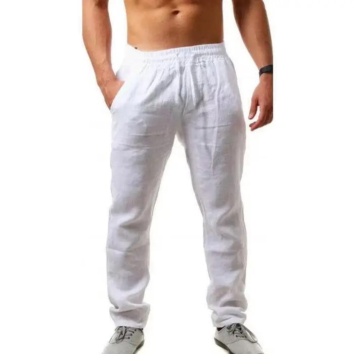 Pantalon été coton lin loose homme couleur unie taille plus M-5XL casual décontracté