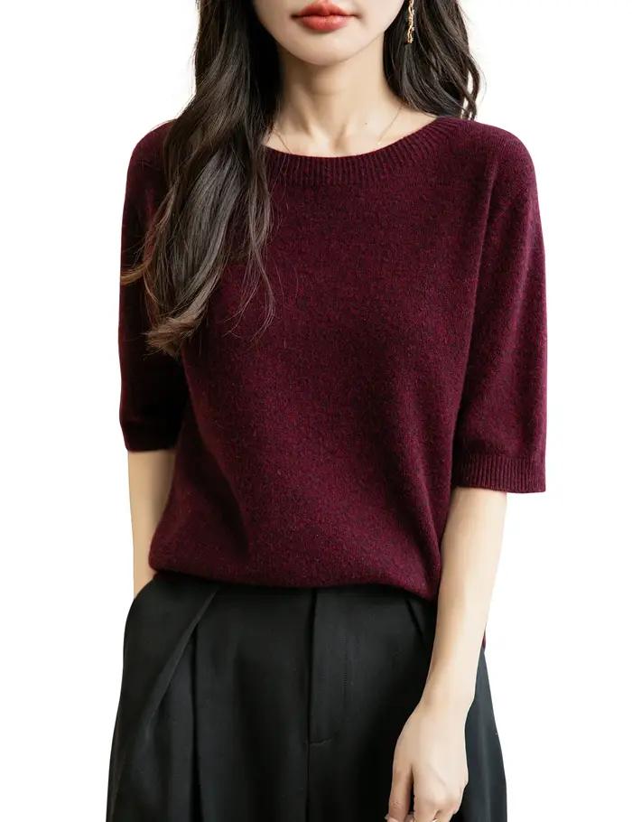 Hauts pour femmes, vêtements 100% laine mérinos, printemps automne hiver, première ligne, prêt à porter, tricoté sans couture, col rond, pull à manches courtes