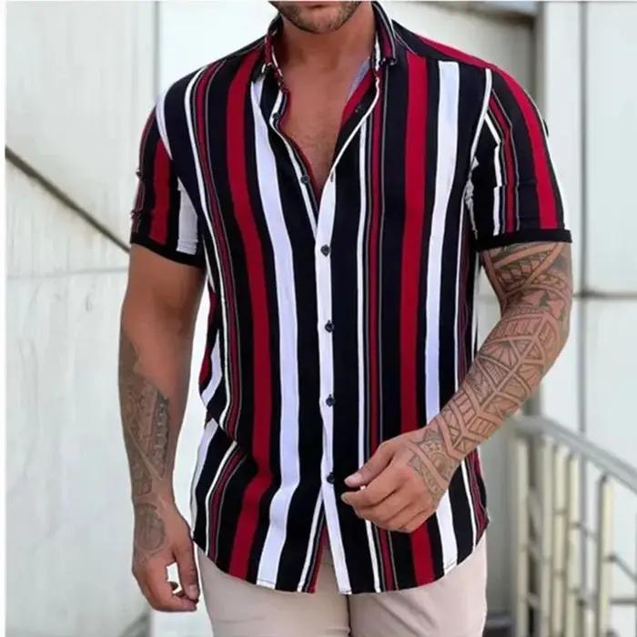 Nouveaux hommes chemises mode rayures imprimer à manches courtes t-shirts été hauts hommes col rabat