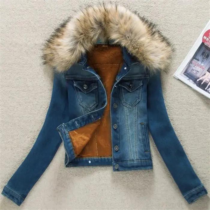Veste en Jean polaire pour femme, manteau court à grand col en fourrure, doublure en velours épais,