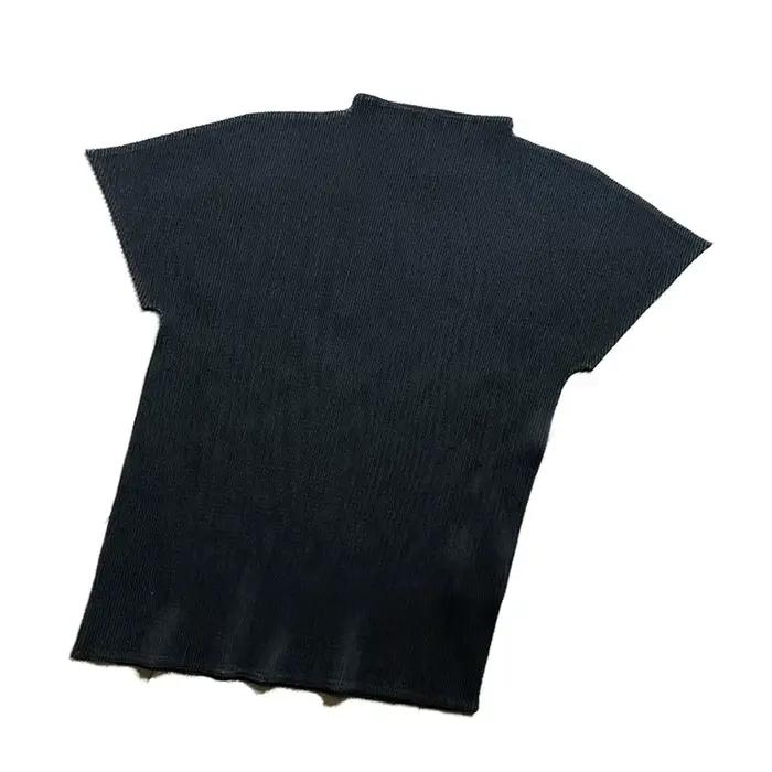 T-shirt à manches courtes plissé pour femme, haut blanc, col mi-haut, noir, mode adt, haute qualité,