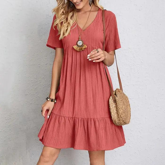 Robe d'été unie pour femmes, style bohémien, col en V, manches courtes, volants, ample, ligne A, Min