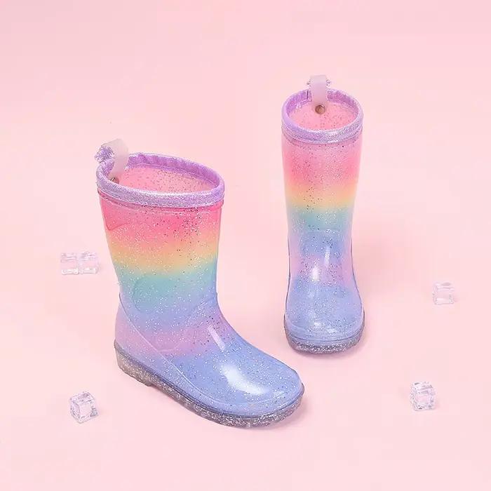 Bottes de pluie pour filles mignonnes quatre saisons, dégradé arc-en-ciel, paillettes, imperméables,