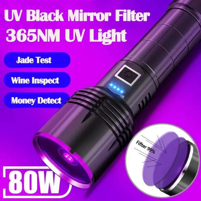 Lampe de poche UV puissante 365nm, Type C, Rechargeable, étanche, lumière violette 26650, pour détec