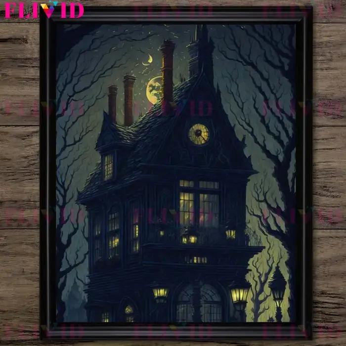 Toile d'Art Mural Vintage Impression sur Toile avec Château Hanté sous la Lune Gothisme et Design Abstrait pour Décoration Intérieure Occasions Spéciales