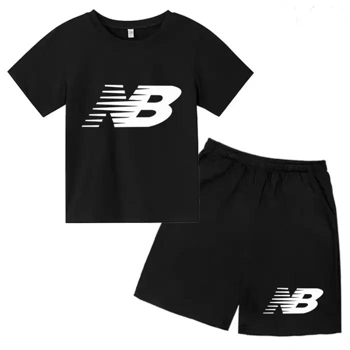 T-shirt noir à col rond et short pour enfants, ensemble de sport décontracté à manches courtes pour