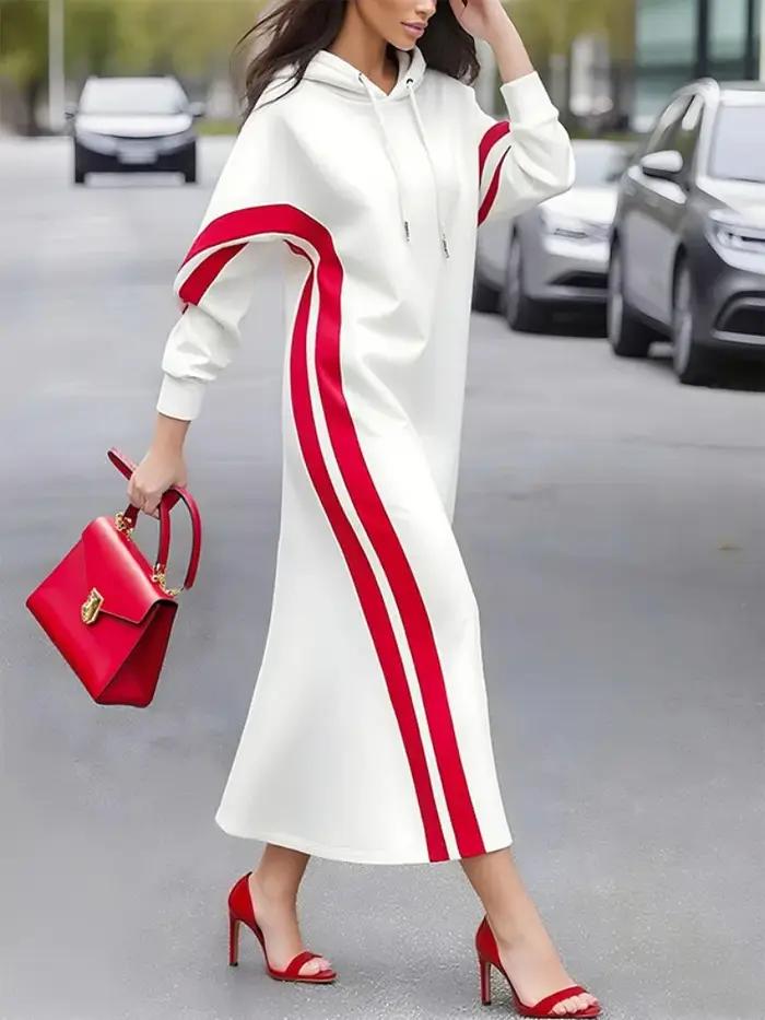 UOOZEE femmes mode cordon rayé à capuche robe mi-longue couleur contrastée manches longues ample décontracté bureau blan