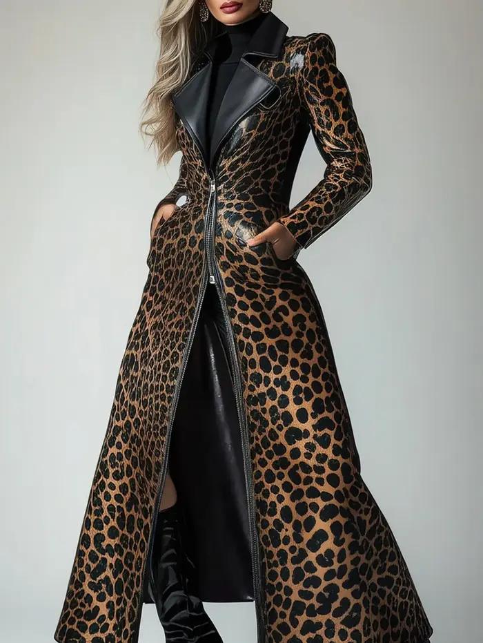 Trench-coat en cuir PU avec poche zippée et motif léopard