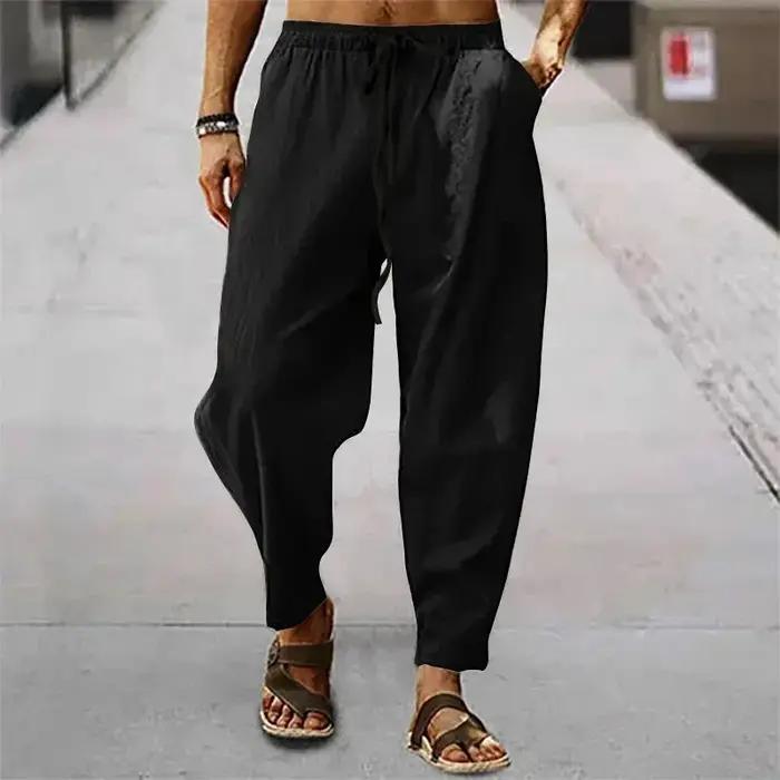 Nouveaux hommes coton lin pantalon été et automne solide taille haute pantalon à jambes larges mâle