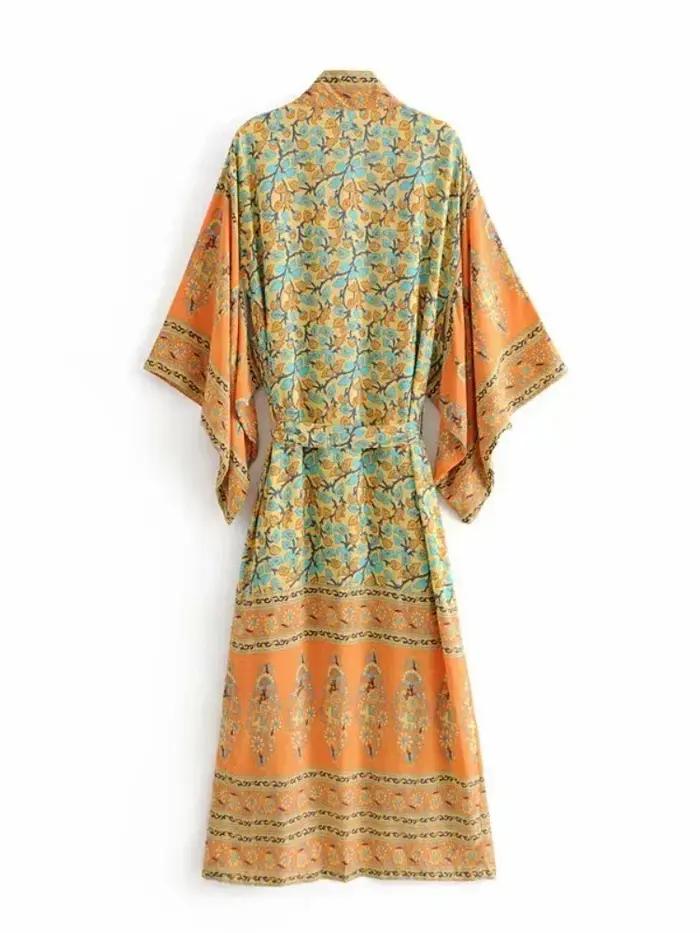 Kimono plage vintage fleuri jaune - Robe maxi manches chauve-souris - Couverture bikini bohème