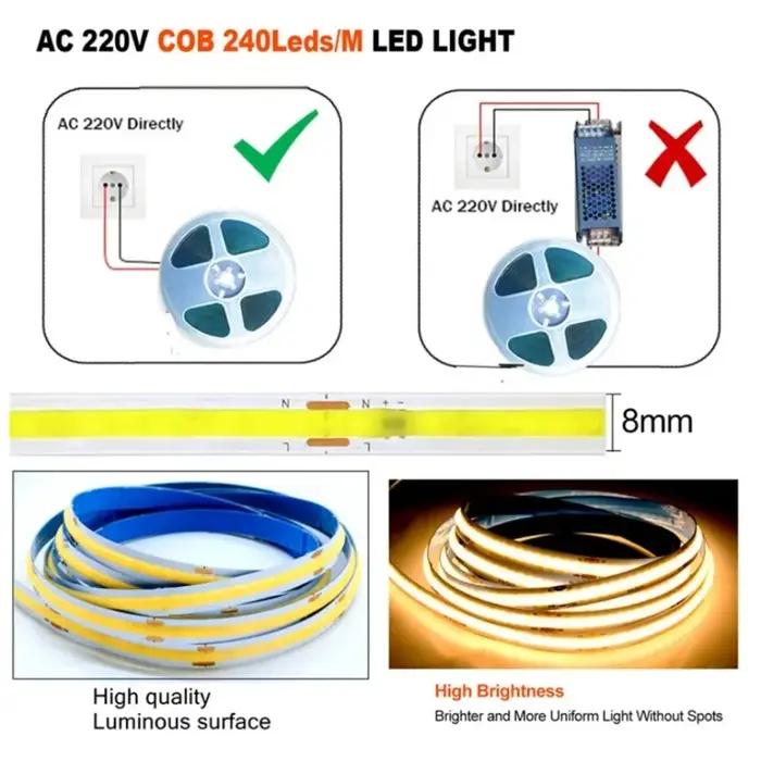 Bande lumineuse LED COB flexible, bande lumineuse, Smart IC, pas besoin de pilote, éclairage linéair
